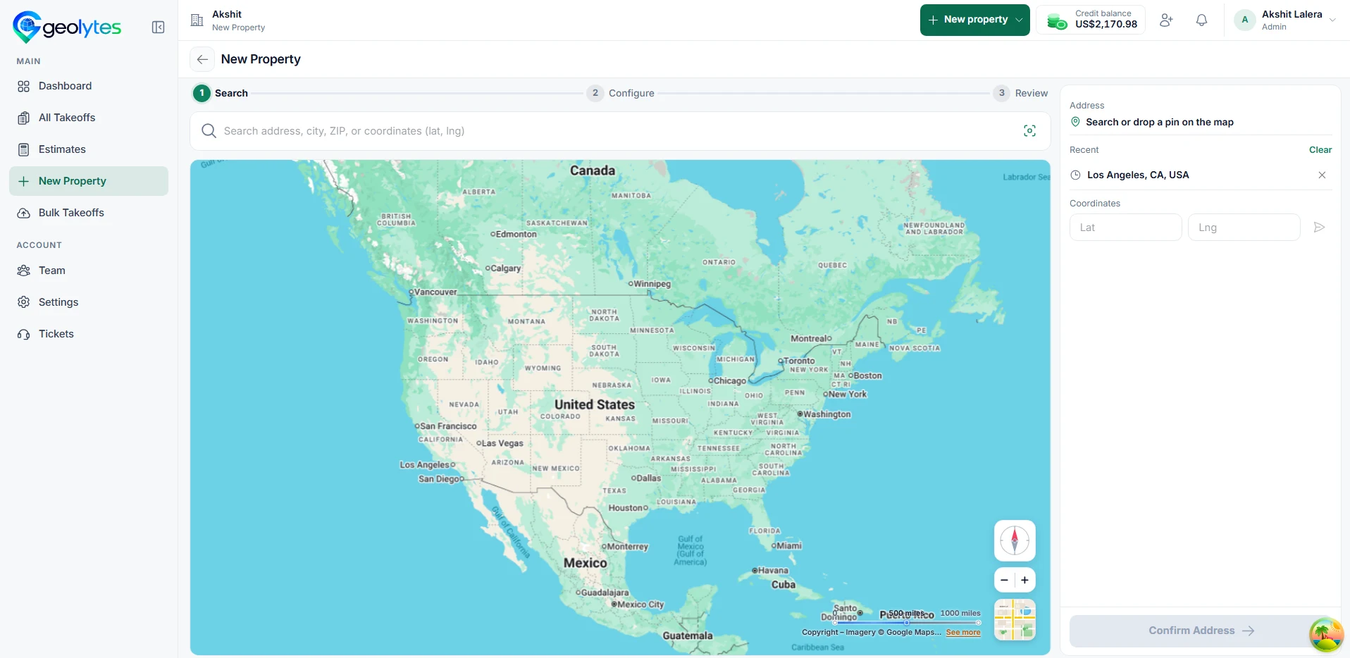 Geolytes New Property screen: search address on a map with Search, Configure, and Review steps
